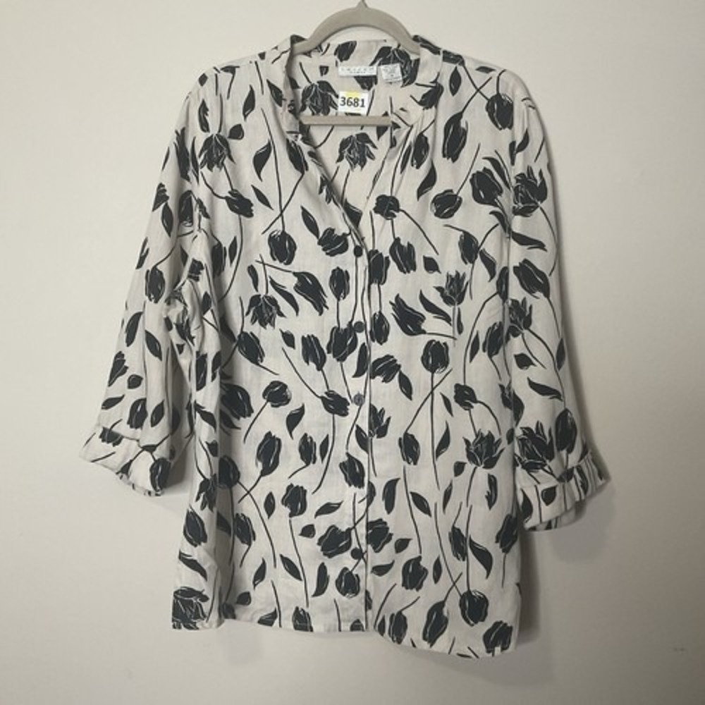 Tweeds Cream/Black Floral 3/4 Sleeve Blouse Women 1Xβ China 100% Linen Dry Clean